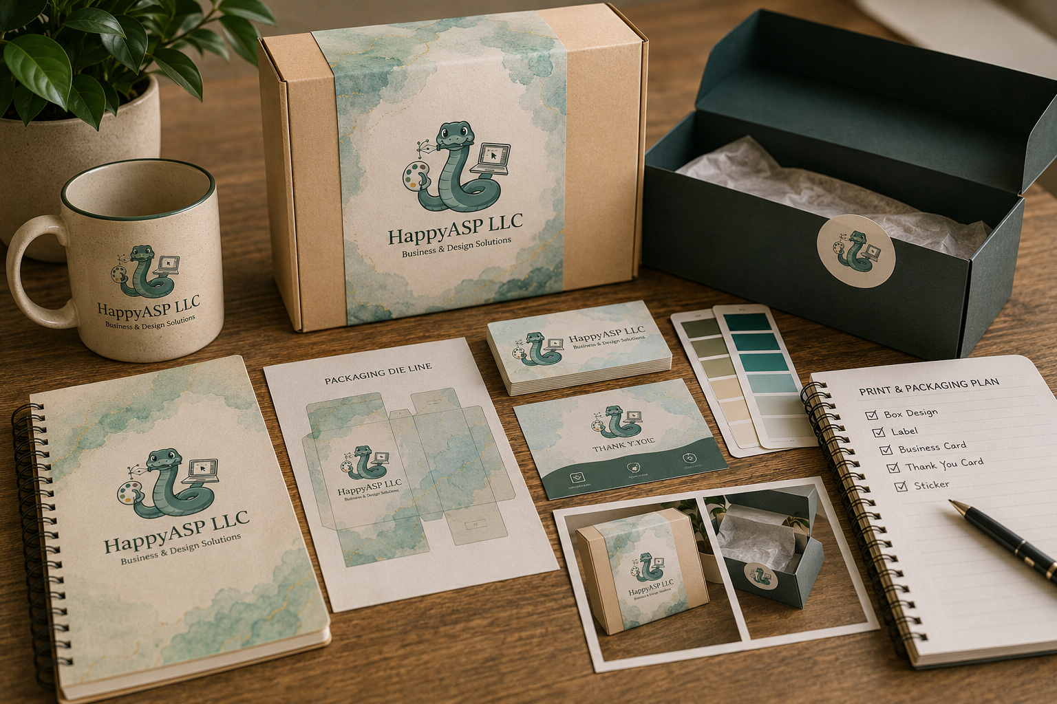 Branding materials for HappyASP LLC on a wooden desk: mug, boxes, business cards, notebooks, color swatches, and packaging plans.