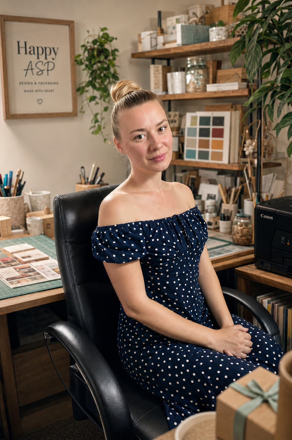 Woman in a navy polka-dot off-shoulder dress sits in a craft studio, hands folded on her lap, amid shelves, plants, and a Canon printer in the background.