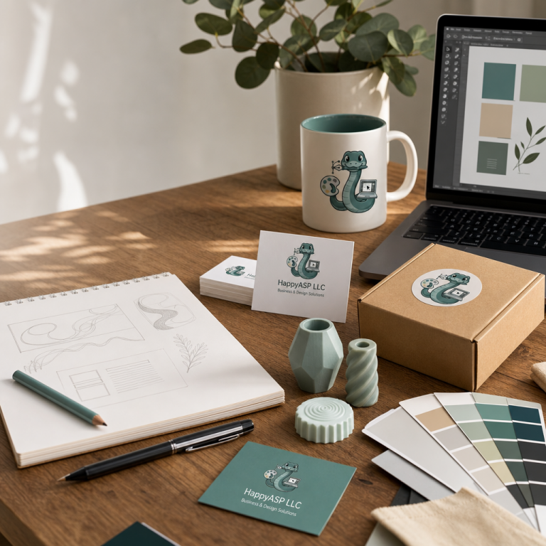 Designer desk with a snake-logo mug, business cards for HappyASP LLC, sketches, color swatches, and a laptop showing a color palette; plant in background.