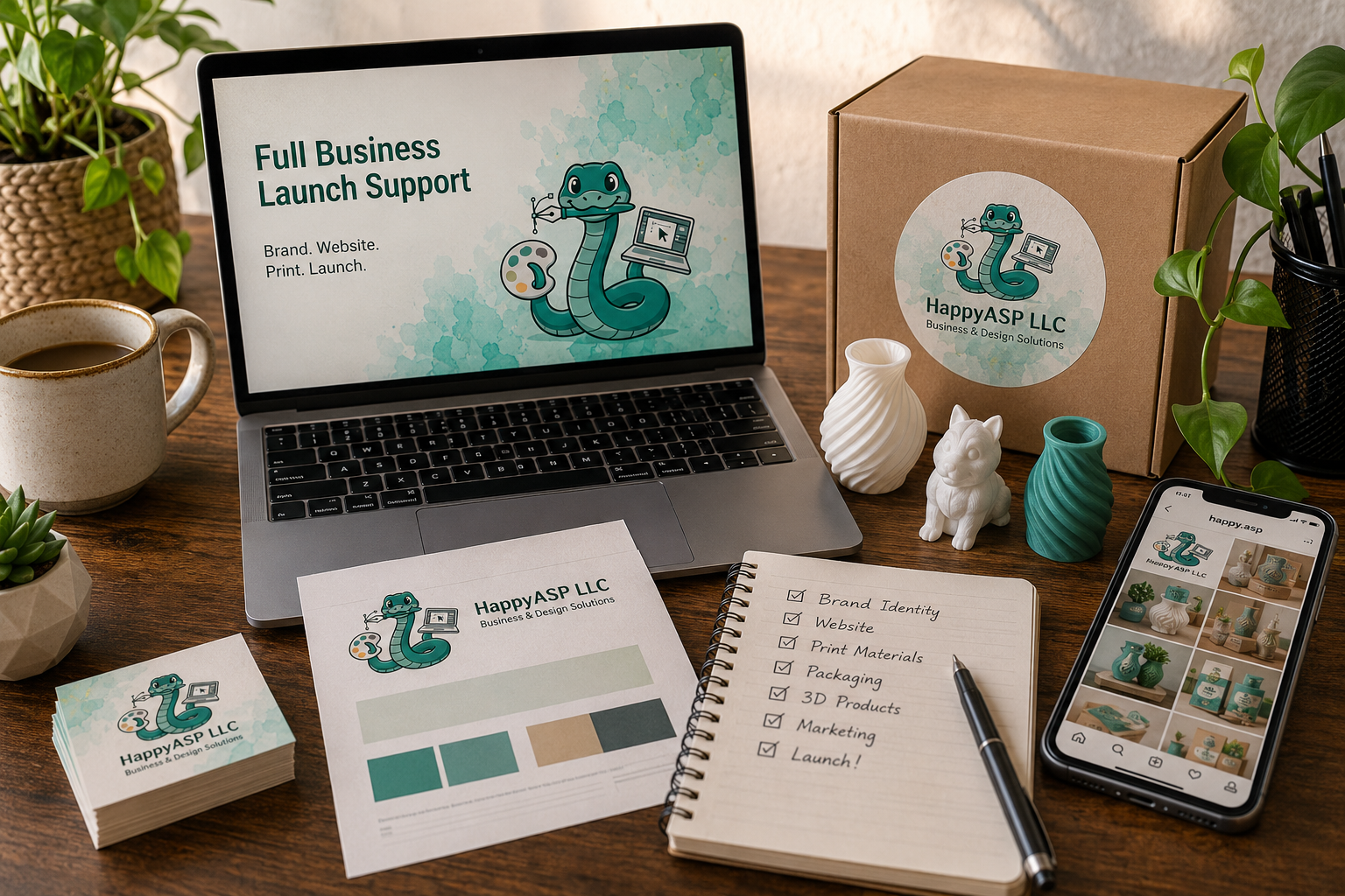 Laptop screen shows 'Full Business Launch Support' with a cartoon snake mascot; branding items on a wooden desk. (Informative)