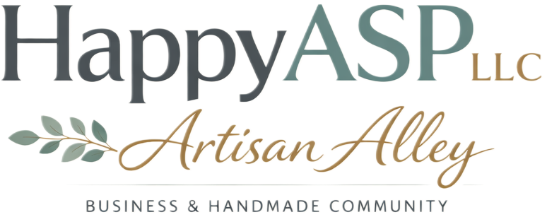 HappyASP LLC Artisan Alley logo: teal, gray, and gold typography with a leafy branch motif and caption 'Business & Handmade Community'