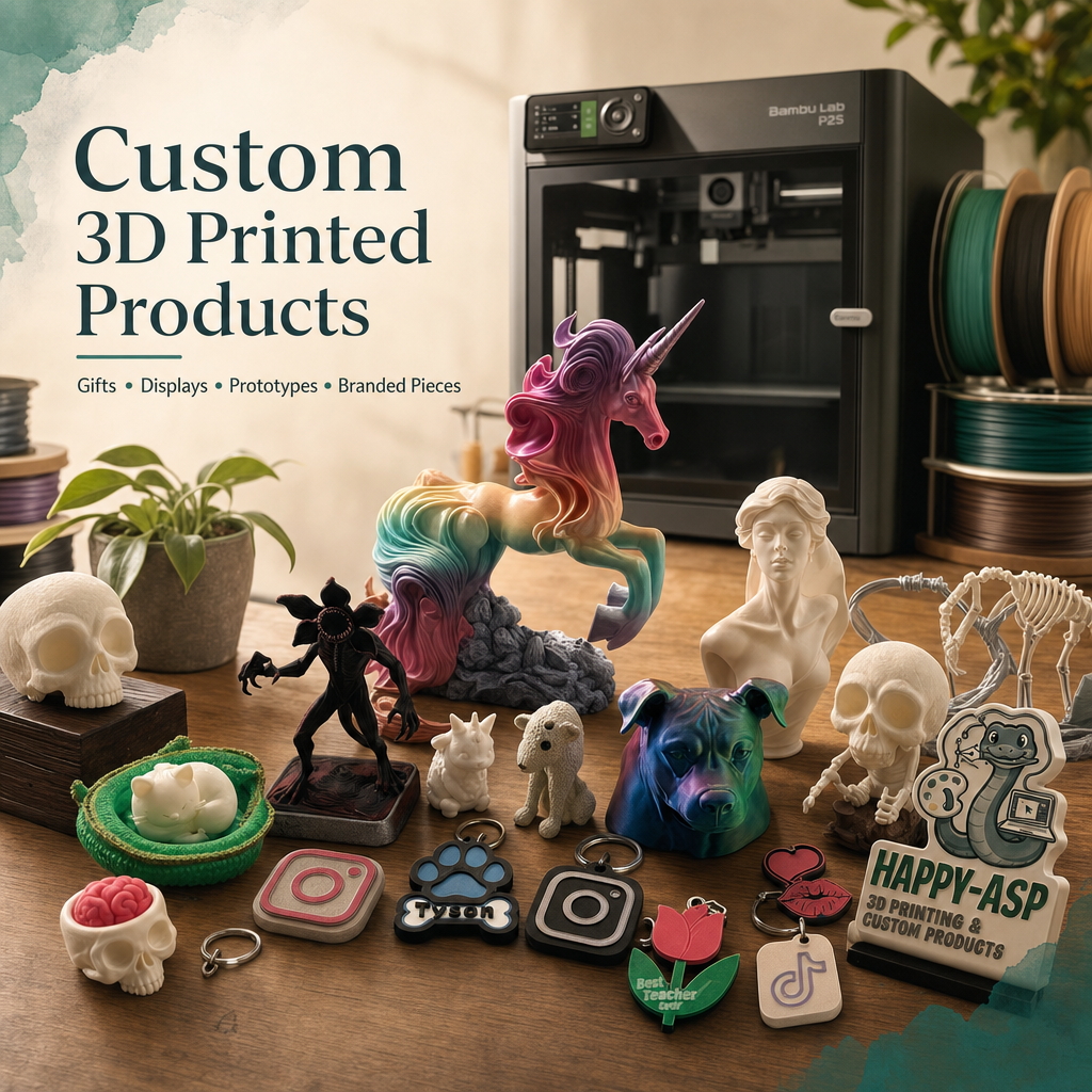 Desktop display of custom 3D printed items, including figurines and keychains, with a 3D printer in the background.