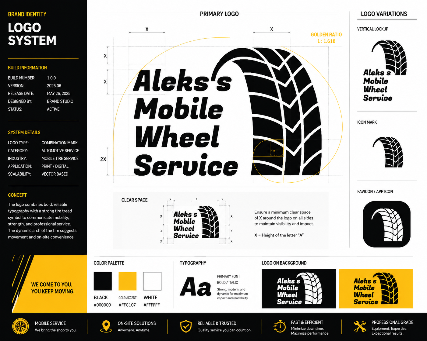 Brand identity layout showing the 'Aleks’s Mobile Wheel Service' logo with a tire graphic and spacing guidelines; central logo on white, left info panel, right variations panel
