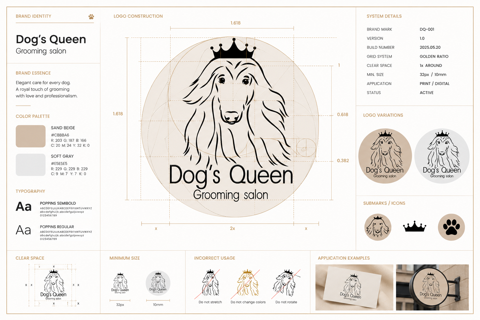 Brand style guide for Dog's Queen grooming salon, featuring the crowned dog logo, color palette, typography, and usage guidelines.