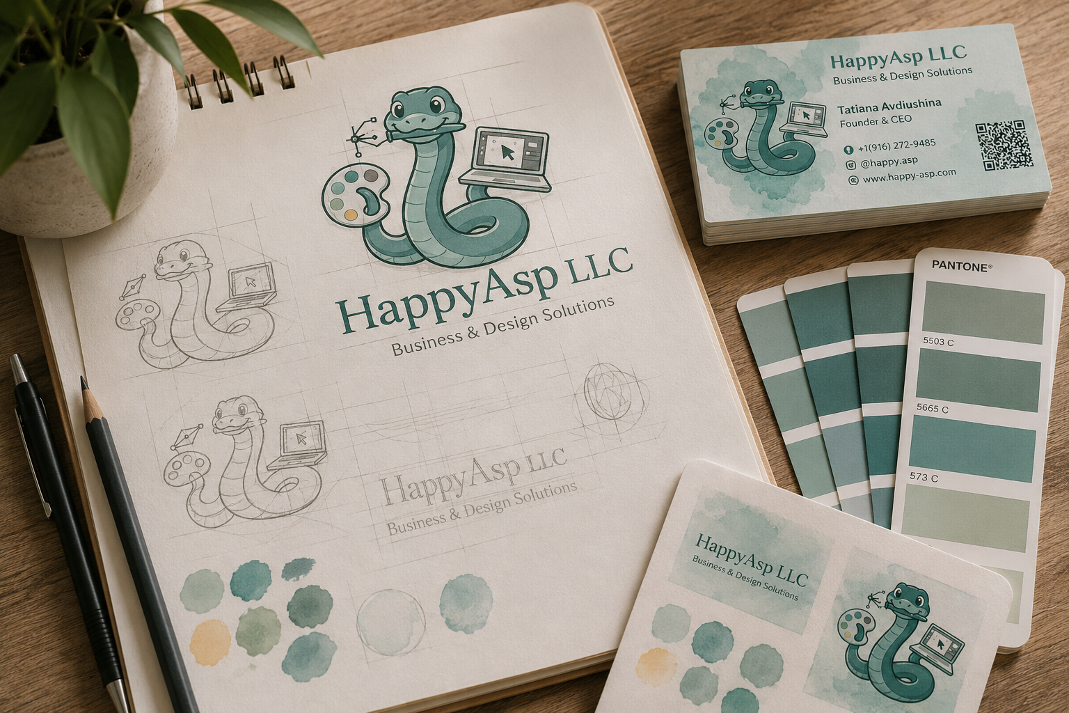 HappyAsp LLC branding materials: teal snake mascot with laptop and paint palette on a sketchbook, 'Business & Design Solutions' text visible.