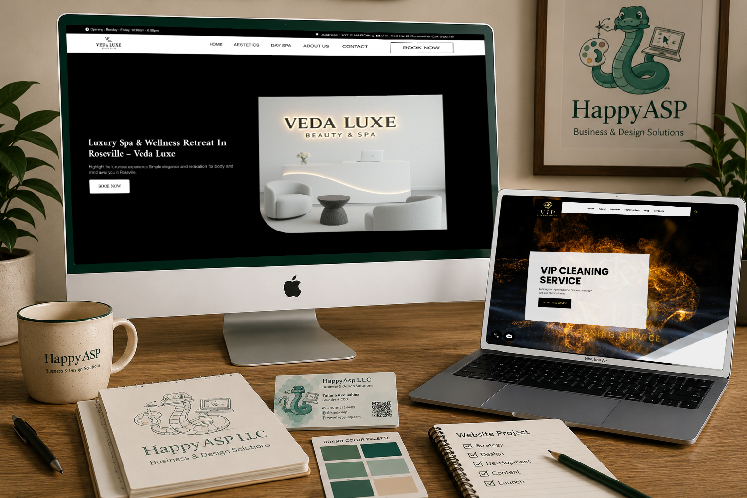 Two computer screens on a wood desk display spa and cleaning service websites, with brand materials and a mug nearby for branding visuals.