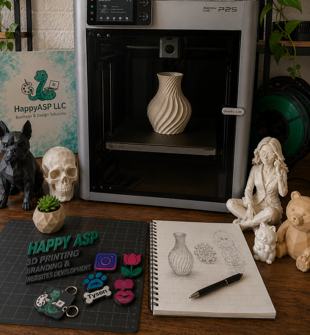 3D printing workspace with a Bambu Lab printer; a ribbed vase on the bed, plus a skull, a black dog figurine, plants, and a notebook with sketches nearby.