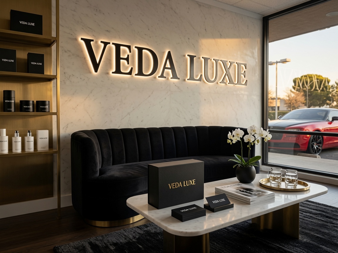 Luxurious showroom lounge with a black velvet sofa, marble wall, and a backlit VEDA LUXE sign.