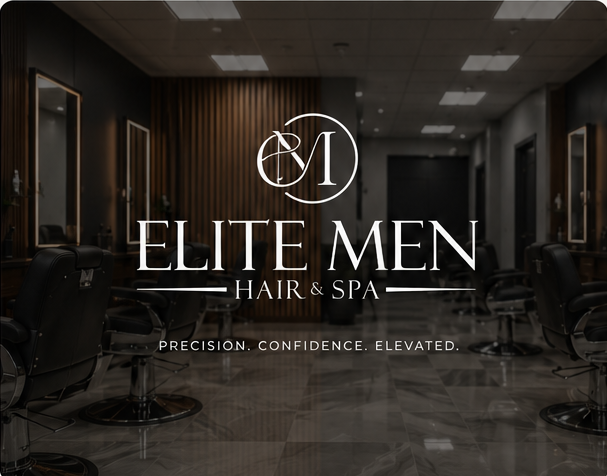 Elite Men Hair & Spa logo over a modern barbershop interior with glossy floors and black chairs in the background.