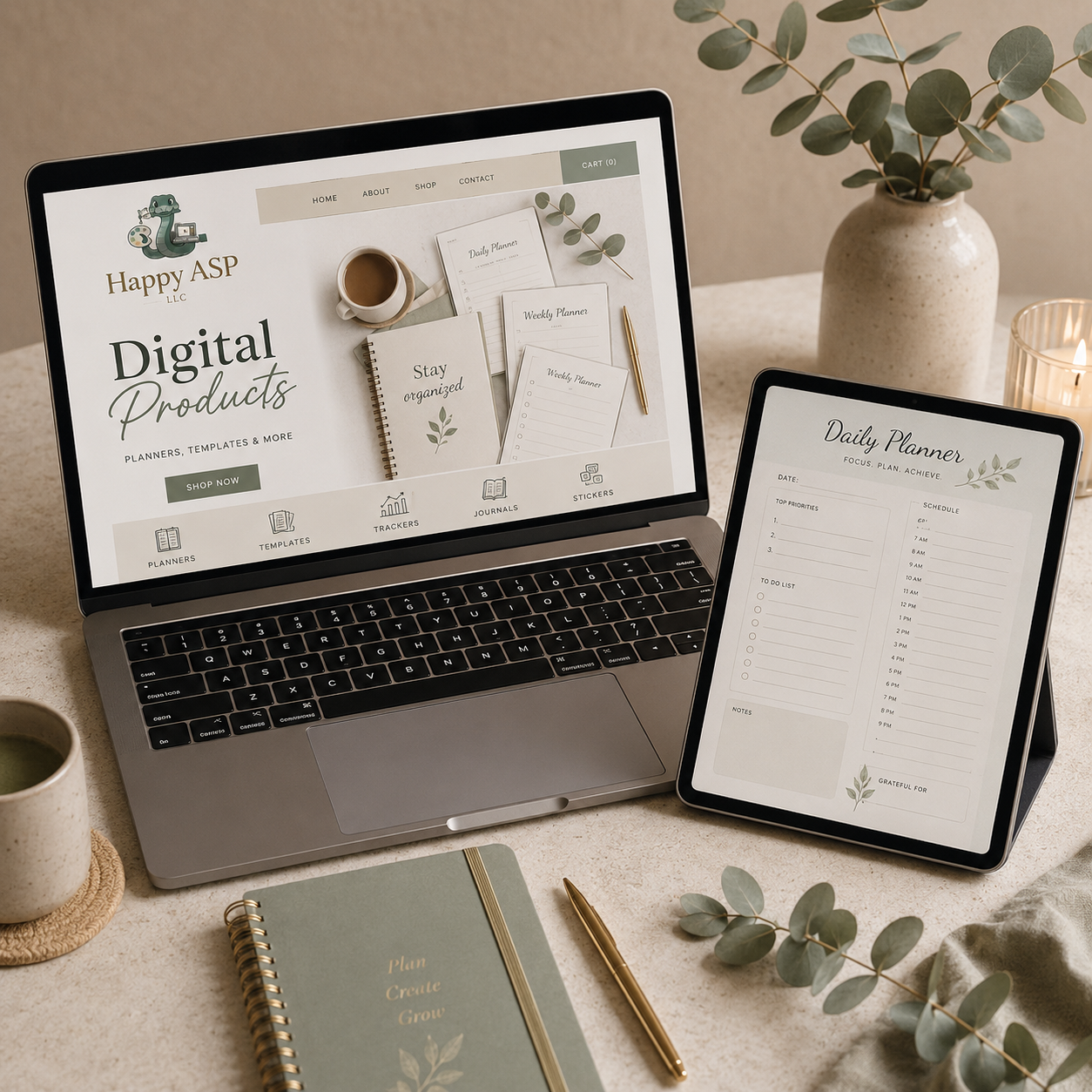 Laptop and tablet on a desk showing a digital planner product layout and daily planner sheets with green plant accents in the background.