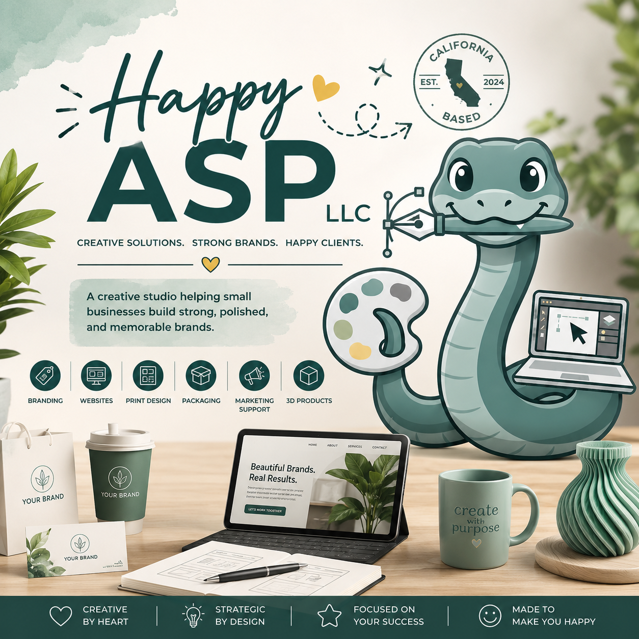 Branding agency banner featuring a friendly dinosaur mascot and 'Happy ASP LLC' with services like branding, websites, design, and packaging.