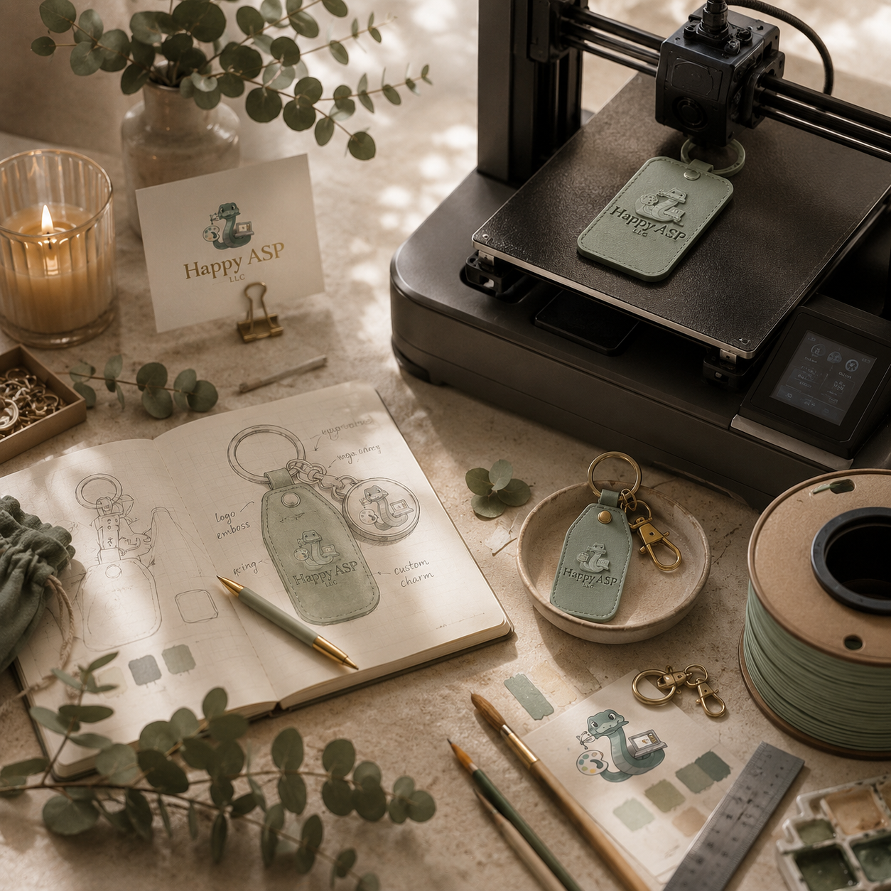 Desk setup showing a 3D printer printing teal leather tag keychains, with sketches and branding cards that read 'Happy ASP'.