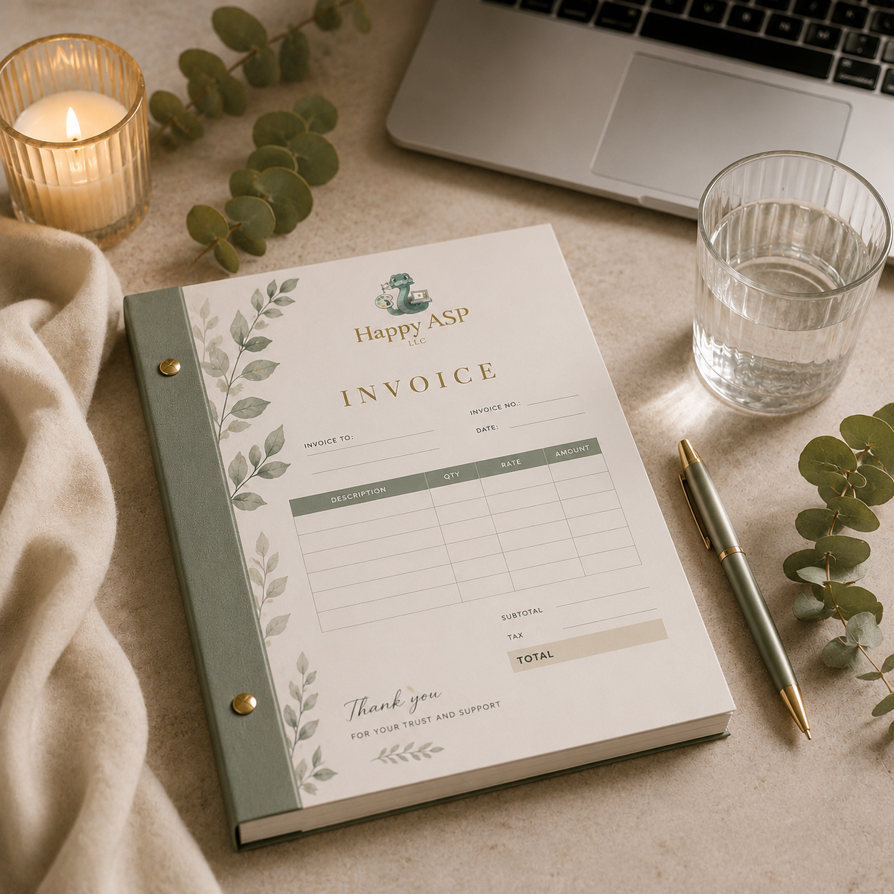 Elegant invoice notebook on a beige desk with a pen, glass of water, candle, and eucalyptus sprigs nearby.