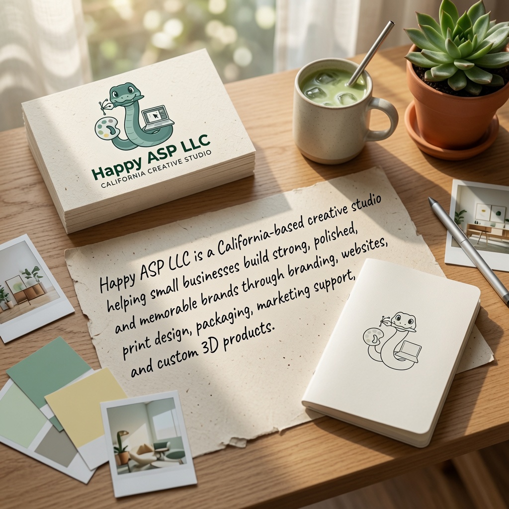 Branding desk scene: a note explains Happy ASP LLC’s services next to logoed business cards, a notebook with a snake drawing, iced drink, succulent plant, color swatches, and small photos.