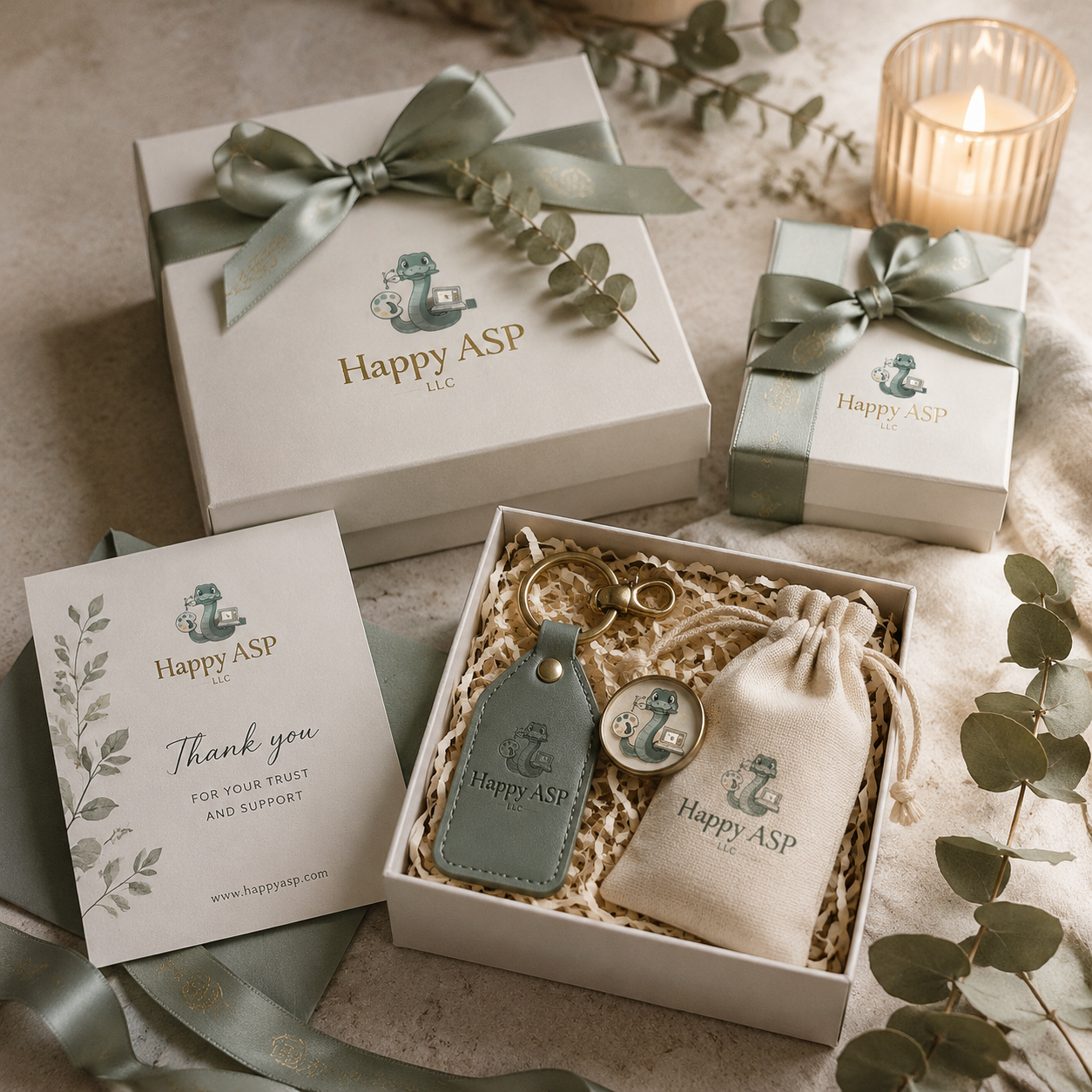 Gift set with white boxes and sage-green ribbons, featuring the Happy ASP LLC logo and decorative greenery.