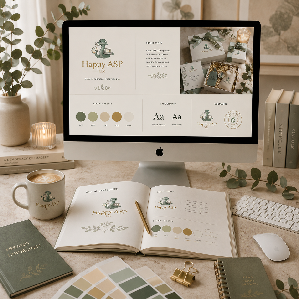 Branding workspace scene: iMac showing brand guidelines, open notebook with swatches, mug and plant on a beige desk set.