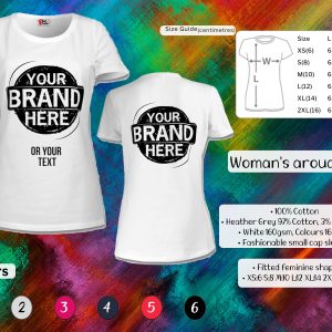White T‑shirt with a bold 'YOUR BRAND HERE' logo on the front, against a colorful brushed background with a size guide panel nearby.