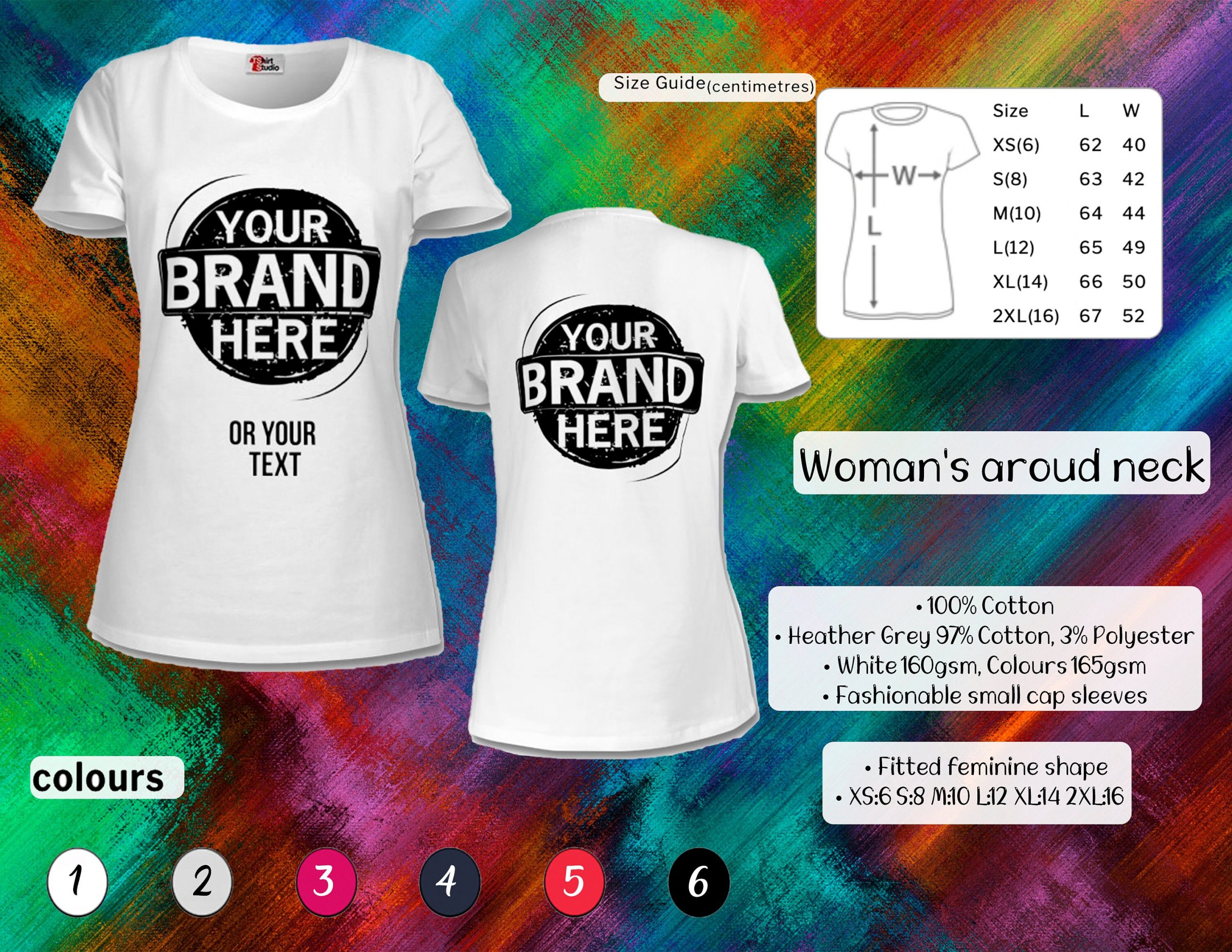White T‑shirt with a bold 'YOUR BRAND HERE' logo on the front, against a colorful brushed background with a size guide panel nearby.