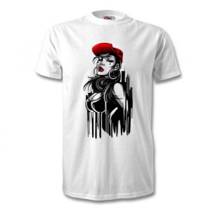 White T-shirt featuring a black-and-white illustration of a woman in a red beret with abstract vertical lines at the bottom.