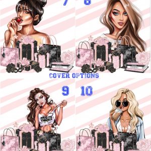 Two fashion-illustration portraits with gift boxes and shopping bags on a pink striped background, for cover options (split image).
