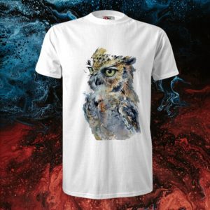 White T-shirt featuring a watercolor-style owl print on the front center.