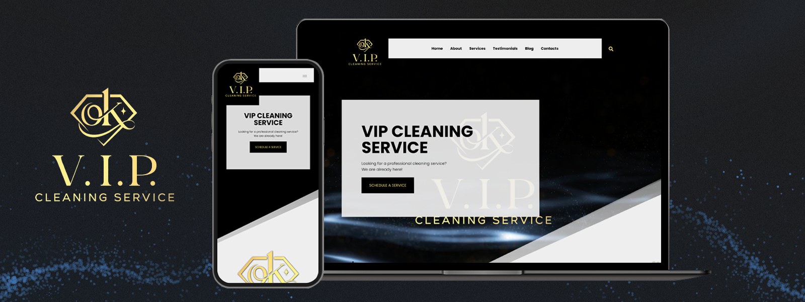 VIP Cleaning Service logo with gold emblem beside screens showing a responsive website on a laptop and a smartphone.